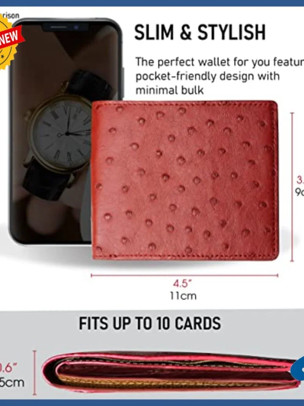 Slim Bifold Ostrich Leather Wallet RFID Blocking Multiple Pockets Handmade